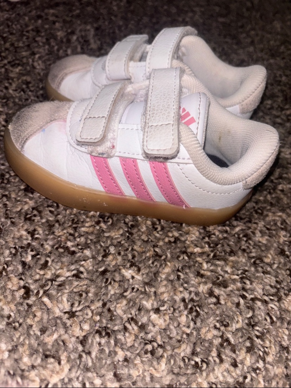 adidas Kids White Sneakers with Pink Stripes and Gum Sole
